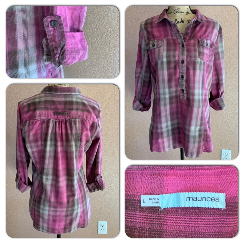 Maurices Pink Plaid Button-Down Tunic Top